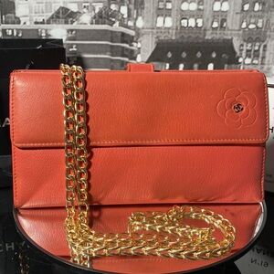 Vintage CHANEL Orange Leather Camellia Chain Wallet (2005)